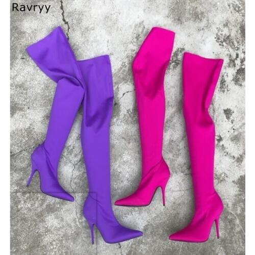 Purple Elastic Long Boots Woman over-the-knee Boots Thin Heel Booties 2019 Hot Fashion Autumn Winter Female Dress Shoes