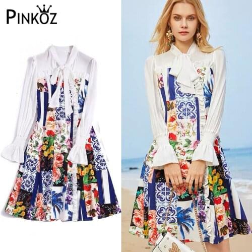 Pinkoz designer style blue white printed floral ruched ruffles A-line long sleeve bow lace up mini dress women robe mujer female
