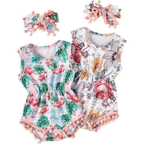 2021 New Toddler Baby Girl 2Pcs Set Leaf/Flamingo/Floral Print Sleeveless Ball Tassel Bodysuit+Headband Infant