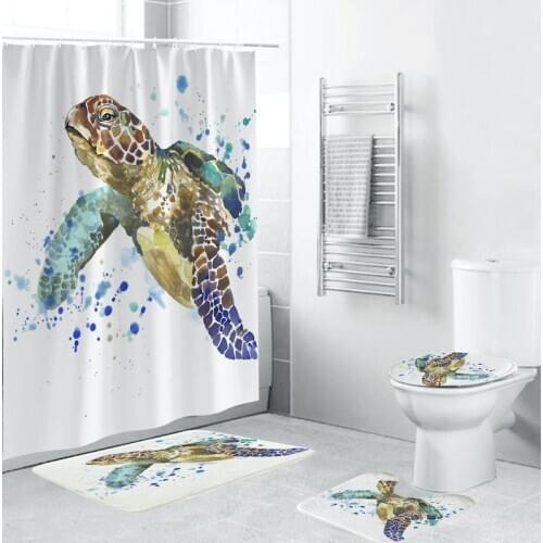 4Pcs/set Bath Curtain Sea Turtle Waterproof Shower Curtain Octopus Bathroom Curtains with Hooks 3D Blackout Curtain Bath Mat Set