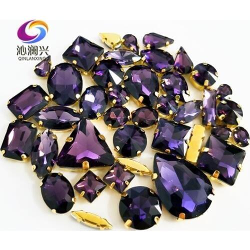 58pcs/pack Gold base Deep purple mix shape top crystal glass sew on stones,Super flash claw rhinestone diy/Clothing accessories