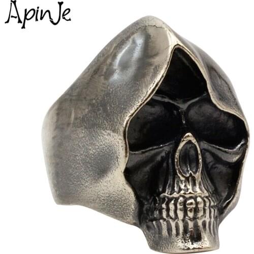 Apinje Real 925 Sterling Silver Ring for Men Gothic Skull Head Vintage Rings Silver Jewelry