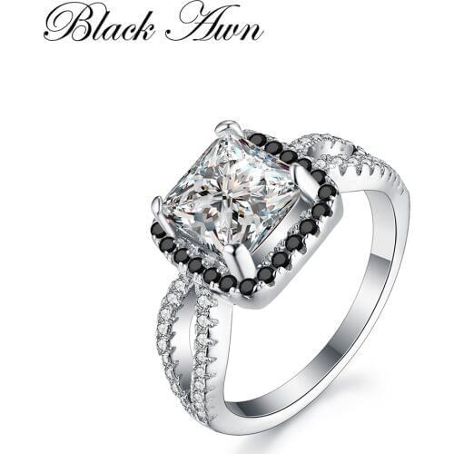 [BLACK AWN] Engagement Rings for Women 100% Genuine 925 Sterling Silver Ring Jewelry Square Black&White Stone Bague Bijoux C185