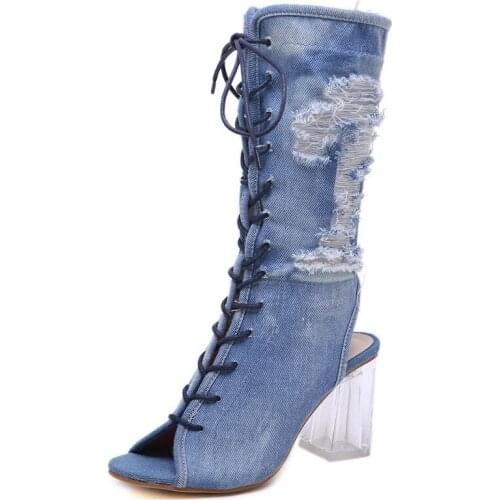 Ladies Boots Sandals Transparent Crystal Heel Denim Lace Up Sexy Ankle Boots Autumn Womens Open Toe Boots size 34-40