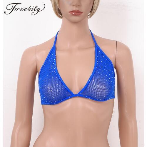Womens Lingerie Exotic Bras Glitter Rhinestones Halter Neck Backless Hollow Out Fishnet Triangle Bra Tops Sheer Bralette