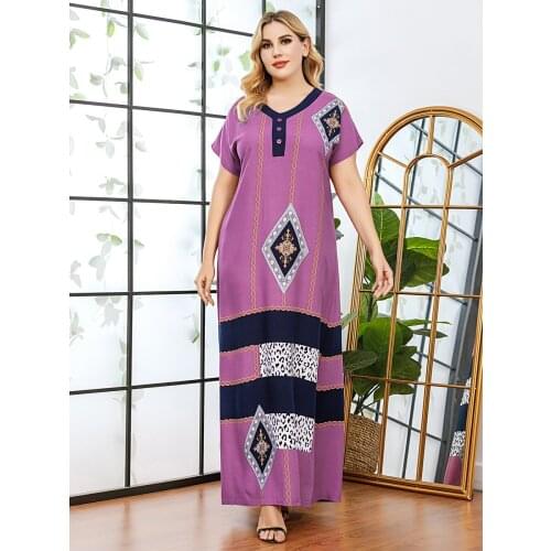 Rayon Cotton Maxi Dress for Women Muslim Summer 2021 Plus Size V Neck Short Sleeve Loose Casual Arabic Clothes Djellaba Femme