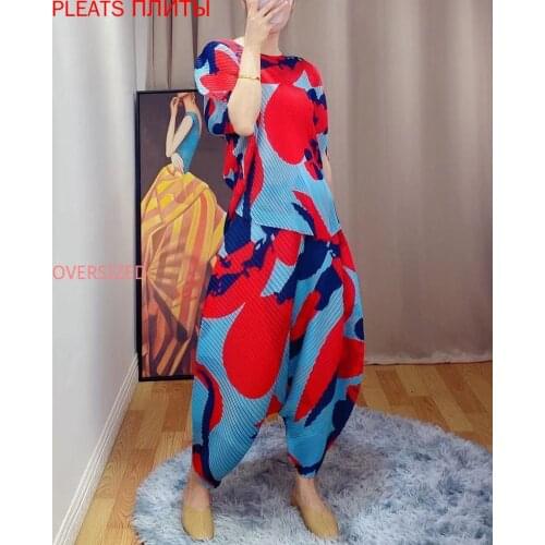 Miyake Folded Spring/Summer 2021 New Printed Suit Loose Large Size Top + Pants Two-piece Set 2 Piece Set Women Trousers Set