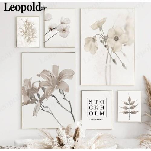 Nordic Minimalist Lily Canvas Painting Beige Leaf Retro Letter Poster Wall Art Modern Home Room Living Room Decoration