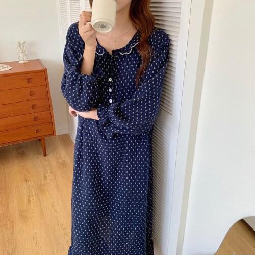 Printed Spring Nightgown Women Loose Korean Cotton Sleepwear Ruffles O-Neck Vintage Harajuku Sweet Ruffles Homewear Clothes