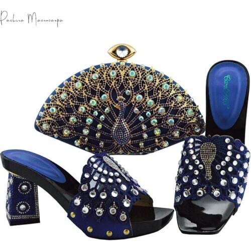 Newest Italian Design Nigerian Fashion Special Peacock Crystal Decoration Party Ladies Shoes and Bag Set in Royal Blue Color