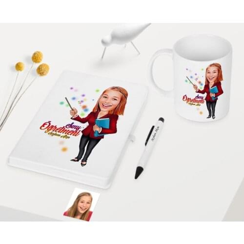 Personalized Women 'S Teacher Themed Caricature Of White Notebook Pen Mug set-3