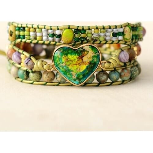 Premium Spiritual Heart Shape Leather Wrap Bracelets W/ Mix Stone Jaspers Beads Strand Bracelet Classic Jewelry Bijoux Dropship