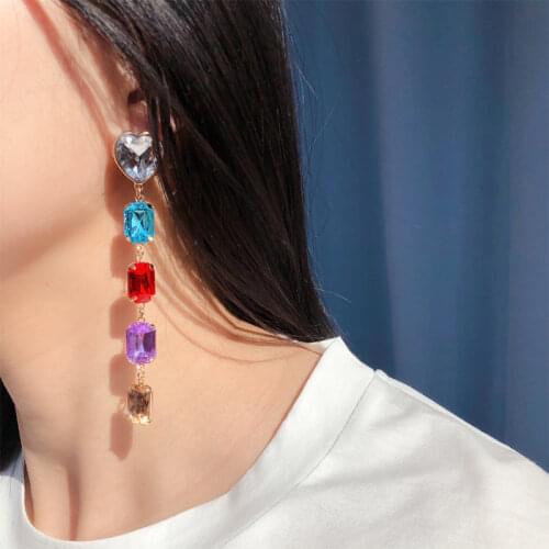 Colorful Long Tassel Full Rhinestone Heart Drop Earring for Women Rainbow Crystal Geometric Dangle Earrings Fashion Jewelry Gift