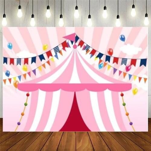 Pink Teal Circus Backdrop Carousel Big Top Tent Girls Birthday Party Playground Background for Baby Shower Banner