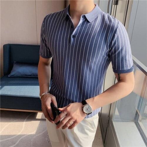 Summer 2021 New Fashion Stripe Slim Stretch Polo Shirt Short Sleeve Blue High Quality Summer Breathable Casual Polos Para Hombre
