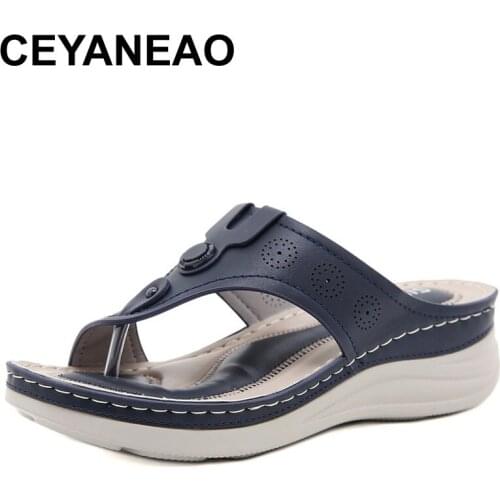 CEYANEAO Summer Women Wedge Sandals Premium Orthopedic Open Toe slippers Vintage Anti-slip Leather Casual Female Platform Retro