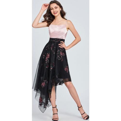Tanpell Sweet Homecoming Dress Spaghetti Straps Pleats Print Ruffles Sleeveless Asymmetry Woman Party A Line Homecoming Dress