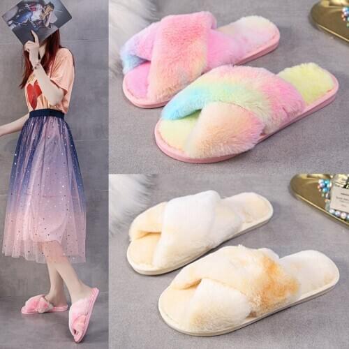 2020 New Womens Slippers Autumn And Winter Furry Rainbow Women Flat Slippers Korean Indoor Outdoor Casual Sandals Size 36-41