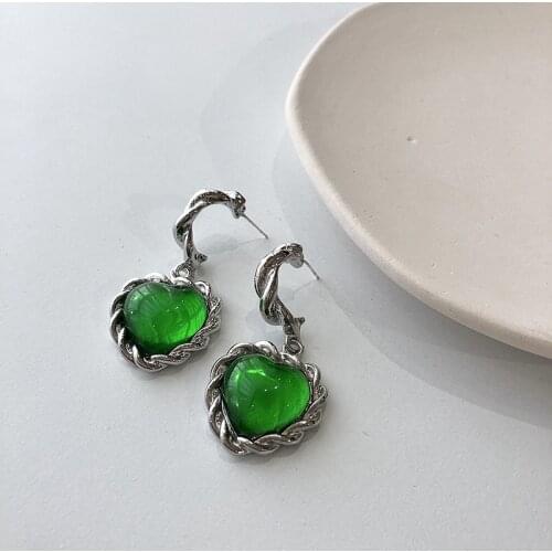 Origin Summer Statement Green Color Love Heart Dangle Earings for Women Fairy Vintage Rhinestones Earings Jewelry Dropship
