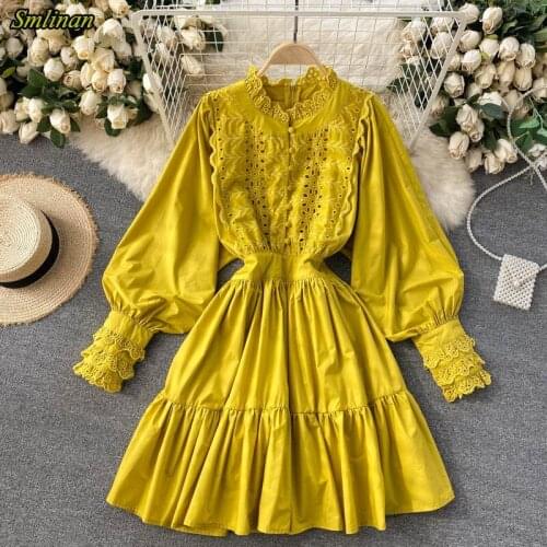 Smlinan Spring Embroidery Lace Mini Dress Women Vestidos Plus Size Long Sleeve Hollow Out White Dress Elegant Vintage Dresses
