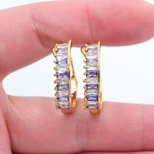 Gold Color Women Fashion White Purple CZ Huggie Hoop Earrings Jewelry