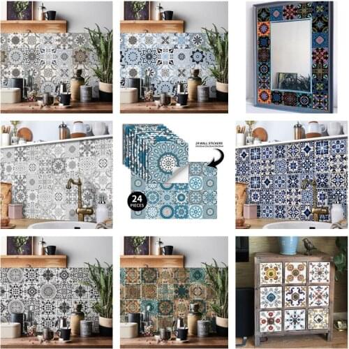 24pc PVC Peel &Stick Kitchen Decoration Tile Sticker Waterproof European Style Printing Wall Sticker Custom Decal For Home Decor