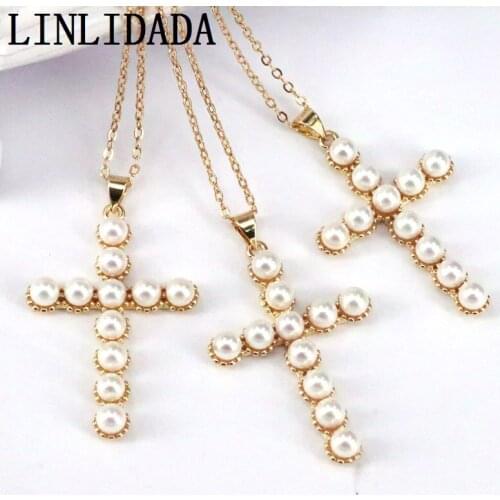 5Pcs Charm Pearl Shell Cross Pendant Necklaces For Women Gold Color Cross Necklace Jewelry Gifts