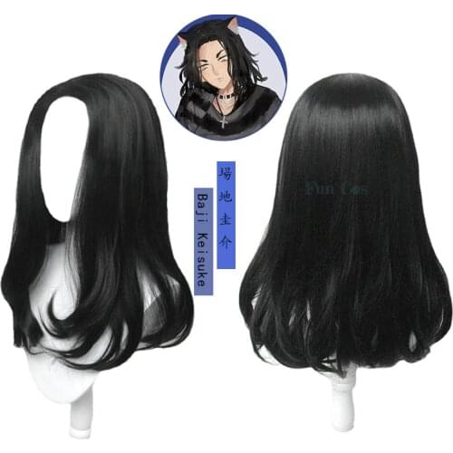 Anime Tokyo Revengers Keisuke Baji Black Long Wavy Hair Cosplay Wig Heat Resistant Synthetic Hair Wig Cap Halloween Accessories