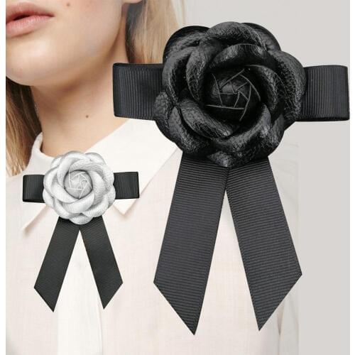 Black Genuine Leather Camellia Flower Bow Brooches for Woman Big Size Fabric Bowknot Brooch Pins Clothes Corsage Accessories