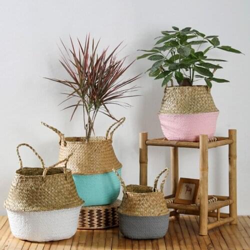 Colorful Seagrass Basket Natural Wicker Belly Basket with Handles Handmade Foldable Organizer Laundry Picnic Plant Pot Storage