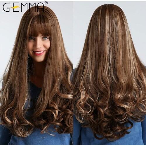 GEMMA Long Wavy Synthetic Wigs for Women Afro Dark Brown Copper Blonde Highlight Wigs with Bangs Cosplay High Temperature Hair