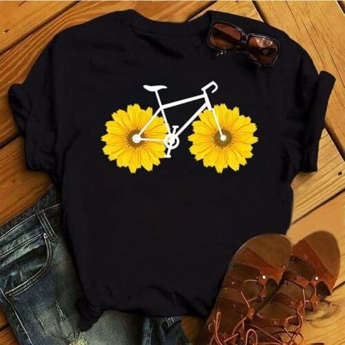 Sunflower Bicycle Printed T Shirt Women New Black Fashion T Shirt Female Ladies Kawaii Cute Graphic Tee Tops Women Casual Tshirt