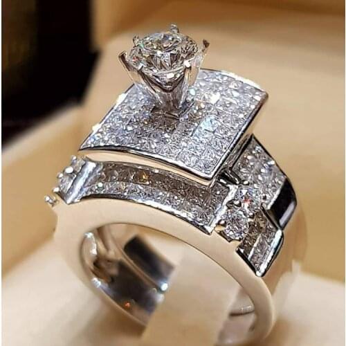 Brand Luxury Female Big Ring Set Fashion Silver Color Love Bridal Promise Engagement Ring Vintage Zircon Stone Rings For Women