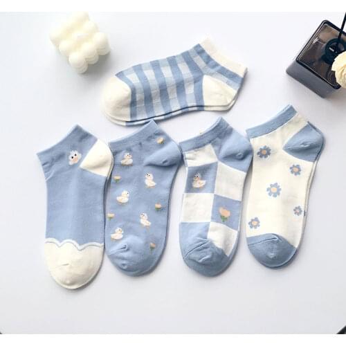 Kawaii Women Short Socks Cotton Checkered Cartoon Ankle Socks White Cute Duck Summer Trendy Korean style ​1 Pair