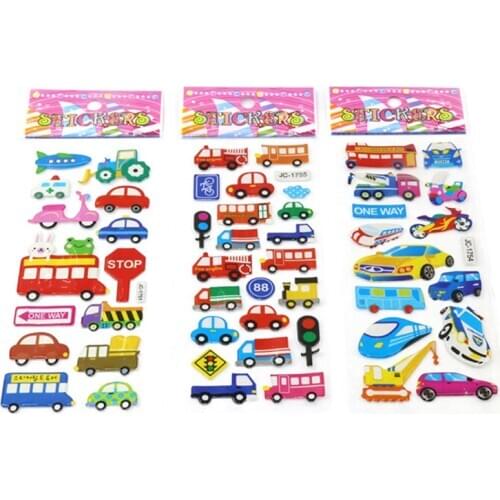 Fashion Hot 10 Sheets Cartoon Transport Cars Ocean Fish 3D Puffy Bubble Stickers Waterpoof DIY Baby Toys For Kids Boy Girl