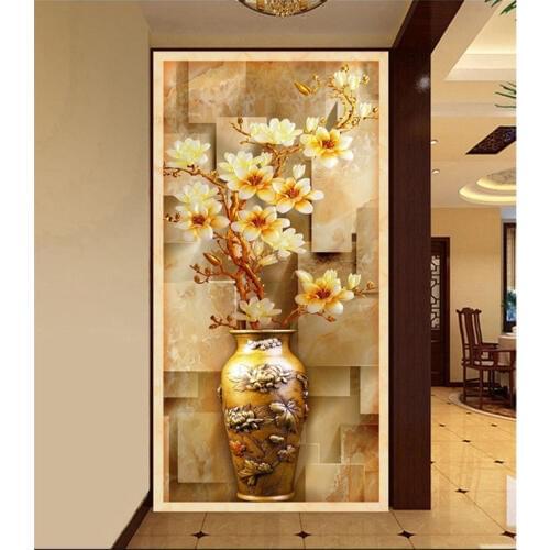 New Chinese color carving 3d large mural magnolia bottle entrance aisle background wallpaper hotel ktv corridor wallpaper