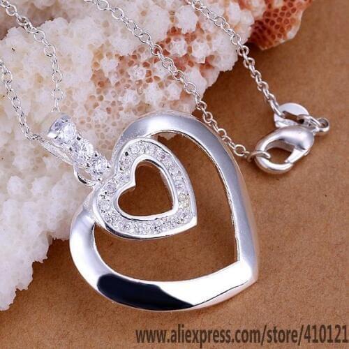P221_2 Lucky Charm Silver Color Pendants For Women Jewelry Necklace Girl Lady Accessories Fashion Pendant Double Heart Inset
