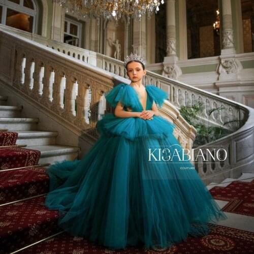 Emerald Green Flower Girl Dresses Princess Deep V Neck Girls Birthday Party Dress Christmas First Communion Gowns