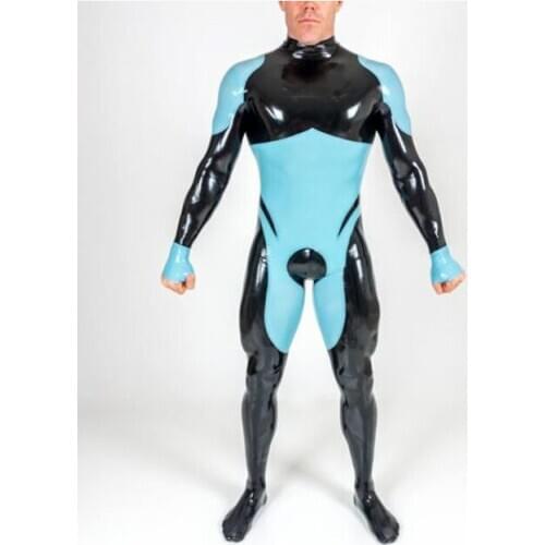 Handmade Full Body Fetish Mens Latex Catsuit Hood Rubber Bodysuit with Back Zipper