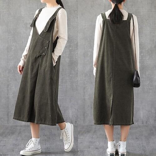 Womens Casual Sundress ZANZEA Elegant Corduroy Overall Dress Solid Button Suspender Midi Vestidos Female Solid Robe