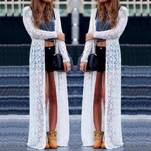 Sexy Women Lace Cover-Ups White Dresses Floral Sheer Maxi Dress Long Cardigan Pareo Summer Sun Protection Beachwear S-L