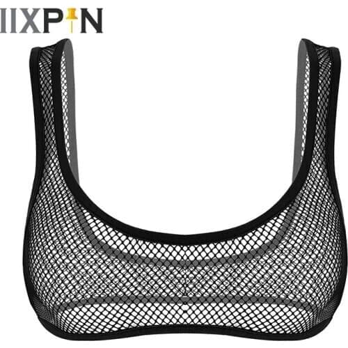Sexy Lingerie Women Crop Tops See Through Fishnet Hollow Out Tanks Wide Shoulder Straps Deep U Neckline Vest Crop Top Bra Top