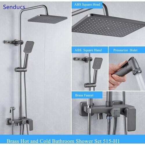 Senducs Brass Shower Faucet Lifting Bar In Wall Shower Set with 1.5 Flexible Hose and Bidet Hot and Cold Bathroom Shower System