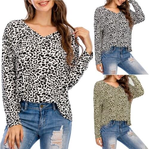 Autumn new leopard print womens T-shirt Amazon Europe and America V-neck long sleeve top woman tshirts women sexy tops