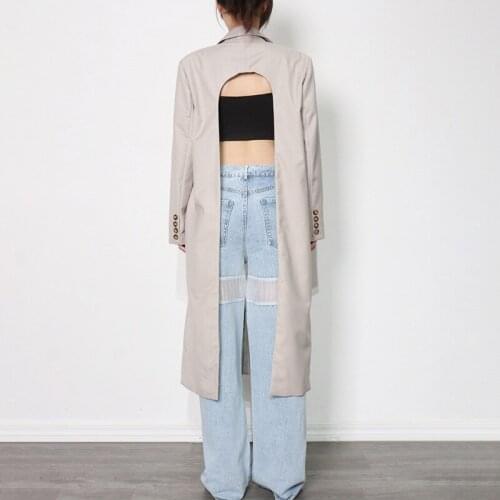 Free Shipping 2021 European Fashion Windbreaker Women High Quality Autumn Long Jacket Solid Color Single Button Backless Outwear