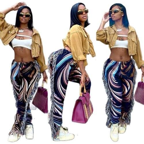 Side Tassels Patchwork Striped Print Jogger Pant Women Rave Festival Clothing 2021 Fashion Casual High Waist Bodycon Sweat Pants