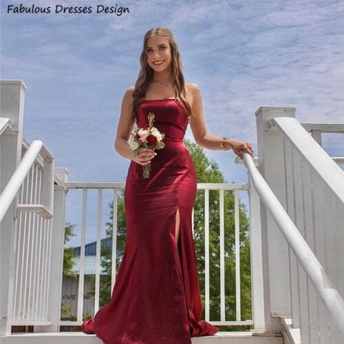 Sexy Side Split Mermaid Bridesmaid Dresses Burgundy Strapless Boat Neck Backless Long Wedding Party Robe De Soirée De Mariage