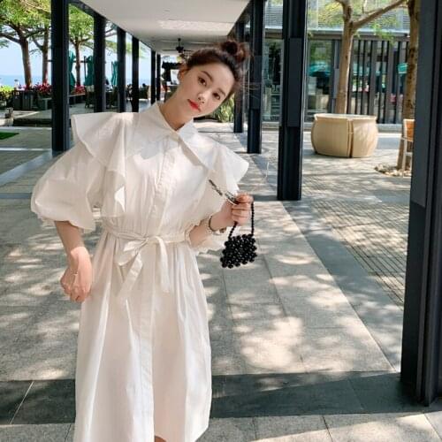 Design Split Fork Shirt Skirt Women New Fashion Lapel Summer Dress Casual High Quality Dress Puff Sleeve Dress Female L7
