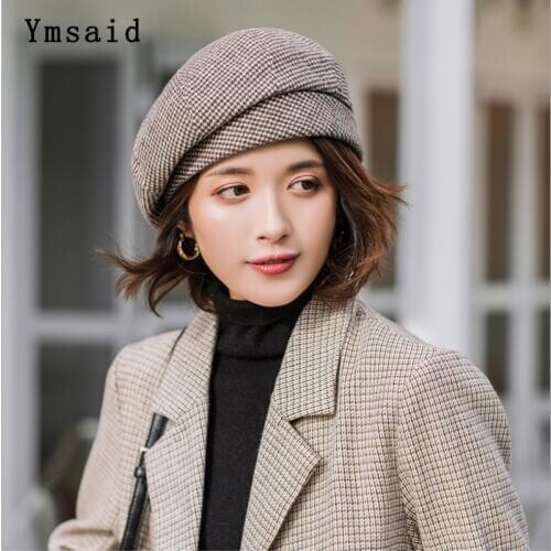 French Elegant Artist Beret Hat For Women Female Winter Fashion Black Brown Plaid Wool Berets Painter Octagonal Hats Caps