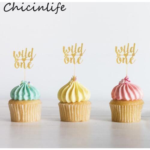 Chicinlife 10Pcs Gold Glitter Wild One Cupcake Toppers Boy Girl 1st Birthday Party Decoration Baby Shower Kids Favors Supplies